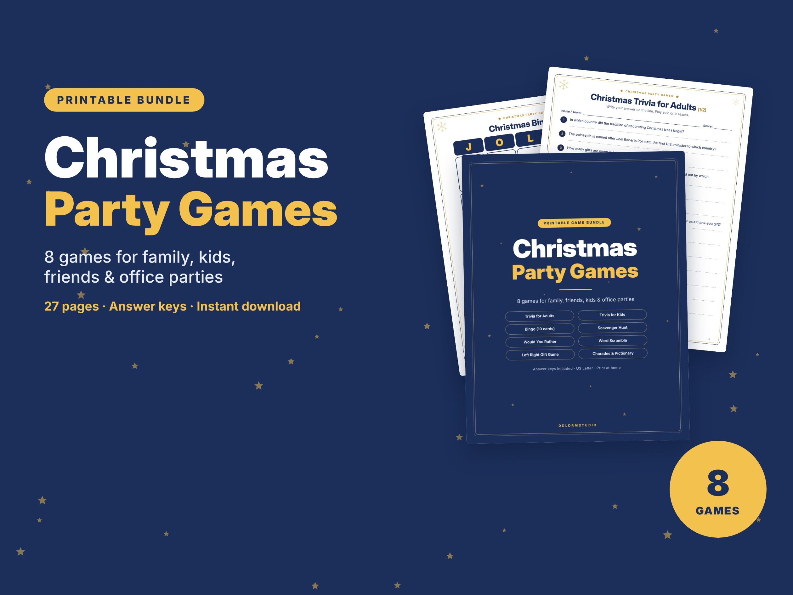 Christmas Party Games Bundle – 8 Printable Games for Family, Kids & Office (US Letter PDF)