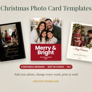 Editable Christmas Photo Card Templates – 9 Canva Designs, 5x7 (Family, Pet, Baby, Newlywed)